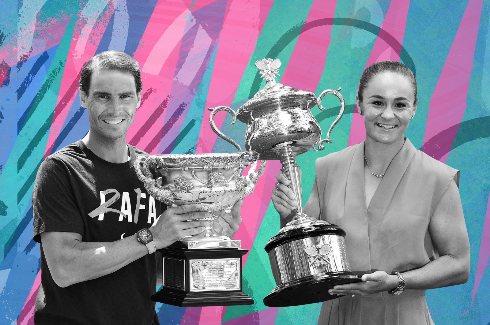 This photo combination shows the 2022 Australian Open men&#039;s singles champion Rafael Nadal (L) and women&#039;s singles champion Ash Barty. (Illustration by Büşra Öztürk) 