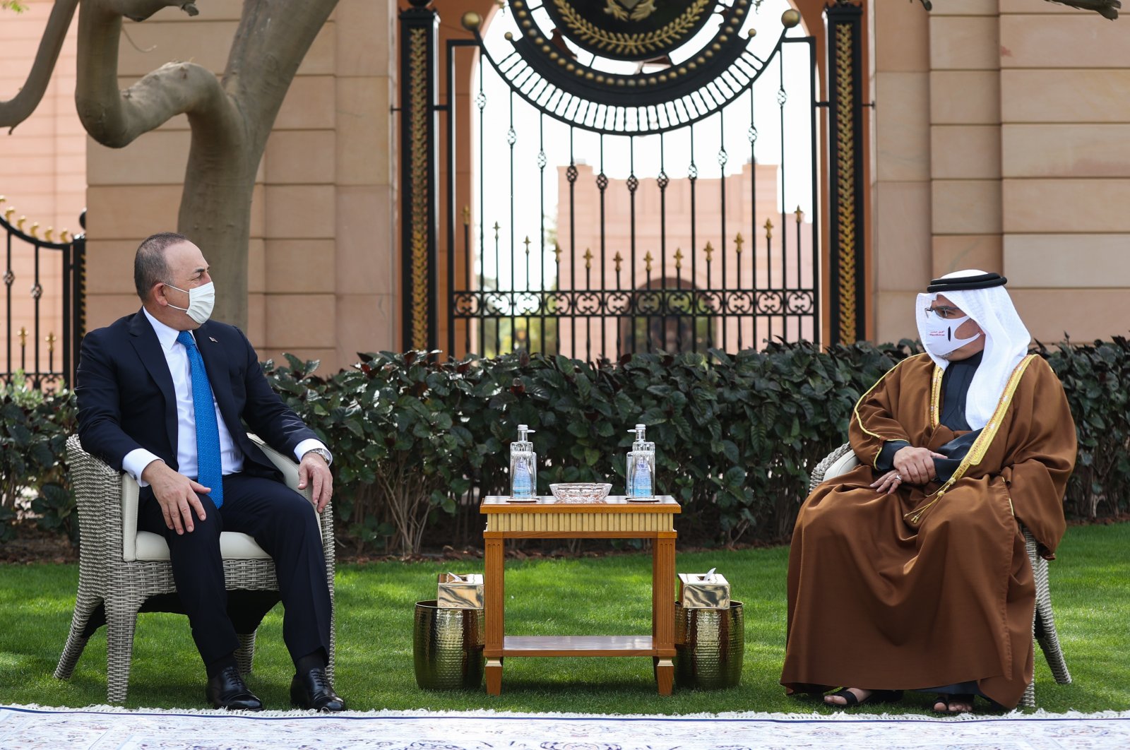 Foreign Minister Mevlüt Çavuşoğlu meets with Bahrain&#039;s Crown Prince Salman bin Hamad Al Khalifa at Gudaibiya Palace in the capital of Manama, Bahrain, Jan. 31, 2022. (AA Photo)