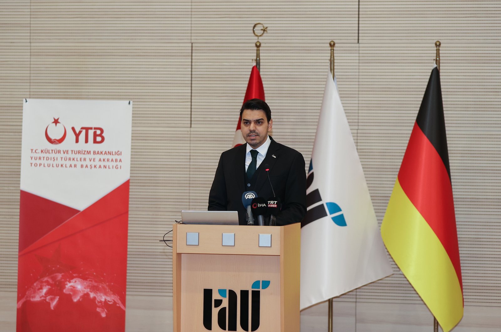 YTB chair Abdullah Eren speaks at the symposium, in Istanbul, Turkey, Jan. 31, 2022. (AA Photo)