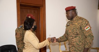 Shirley Ayorkor Botchway, the head of a delegation of the Economic Community of West African States (ECOWAS) to Burkina Faso, meets new military leader of Burkina Faso, Lieutenant Colonel Paul-Henri Damiba during a visit of West African and United Nations envoys in Ouagadougou, Burkina Faso, Jan. 31, 2022. (Reuters Photo)