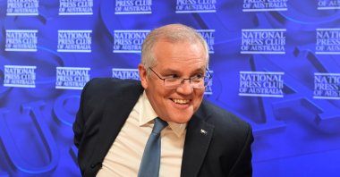 Australian Prime Minister Scott Morrison looks on during an event at the National Press Club in Canberra, Australia, Feb. 1, 2022. (EPA Photo)