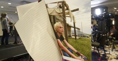 A photo of cinematographer Halyna Hutchins is displayed before a news conference in Beverly Hills, California, U.S., Nov. 10, 2021. (AP Photo)