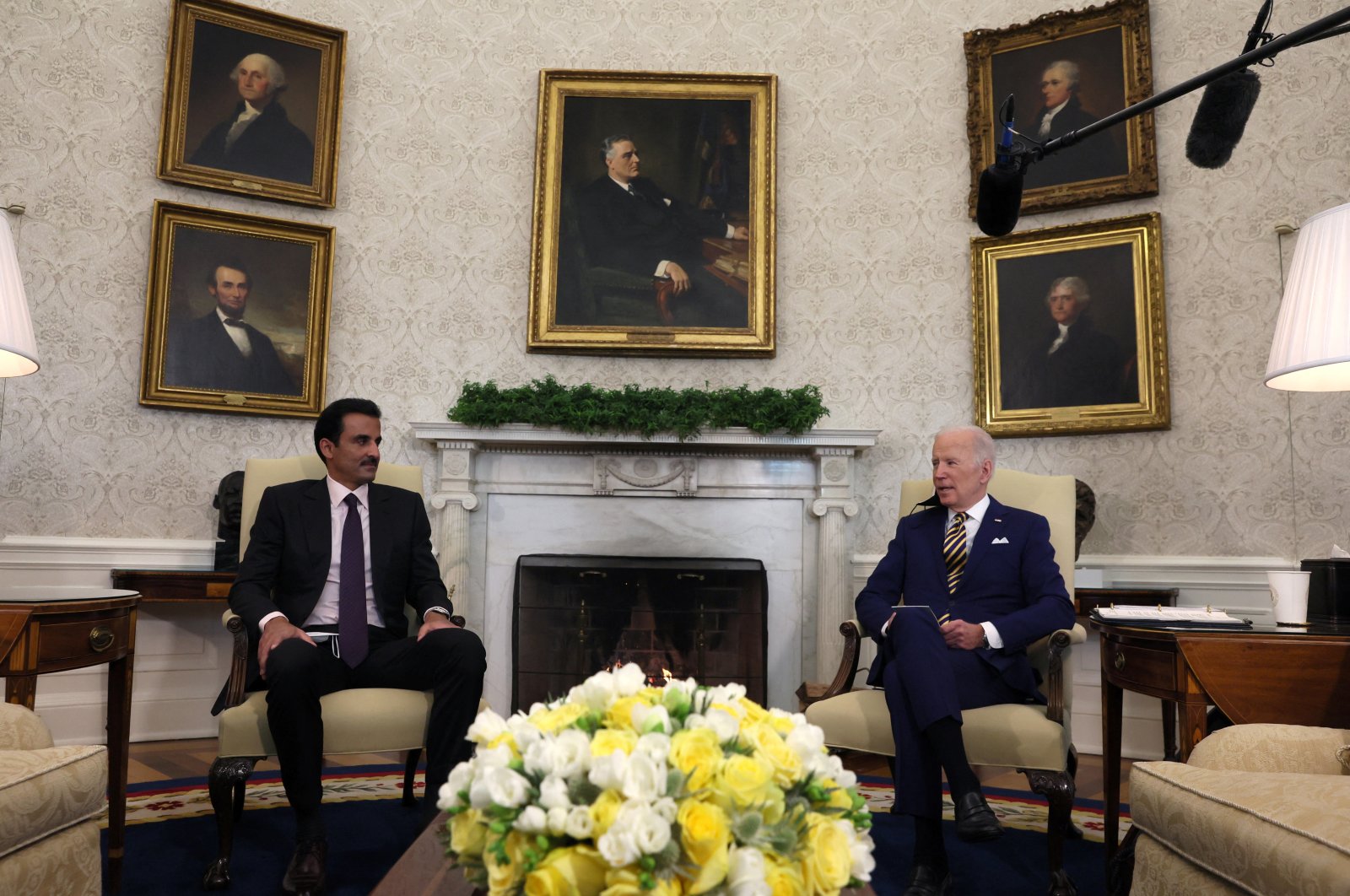 U.S. President Joe Biden holds a bilateral meeting with Qatar&#039;s Emir Sheikh Tamim bin Hamad Al Thani in the Oval Office at the White House in Washington, U.S., Jan. 31, 2022. (Reuters Photo)