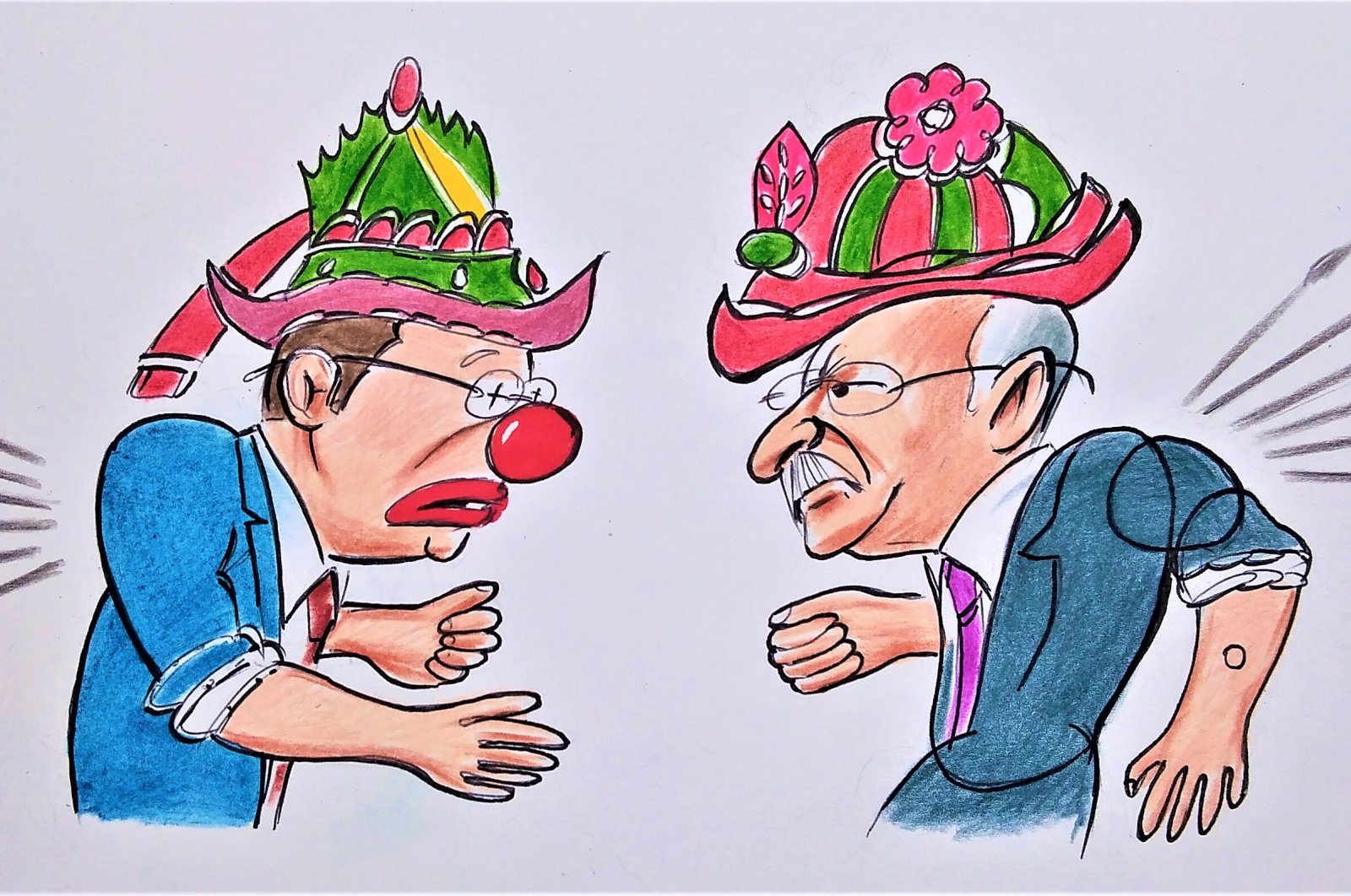 Illustration by Erhan Yalvaç shows Istanbul Mayor Ekrem Imamoğlu (L) and the main opposition Republican People&#039;s Party (CHP) Chairperson Kemal Kılıçdaroğlu wearing the costumes of Karagöz and Hacivat, the lead characters of the traditional Turkish shadow play.
