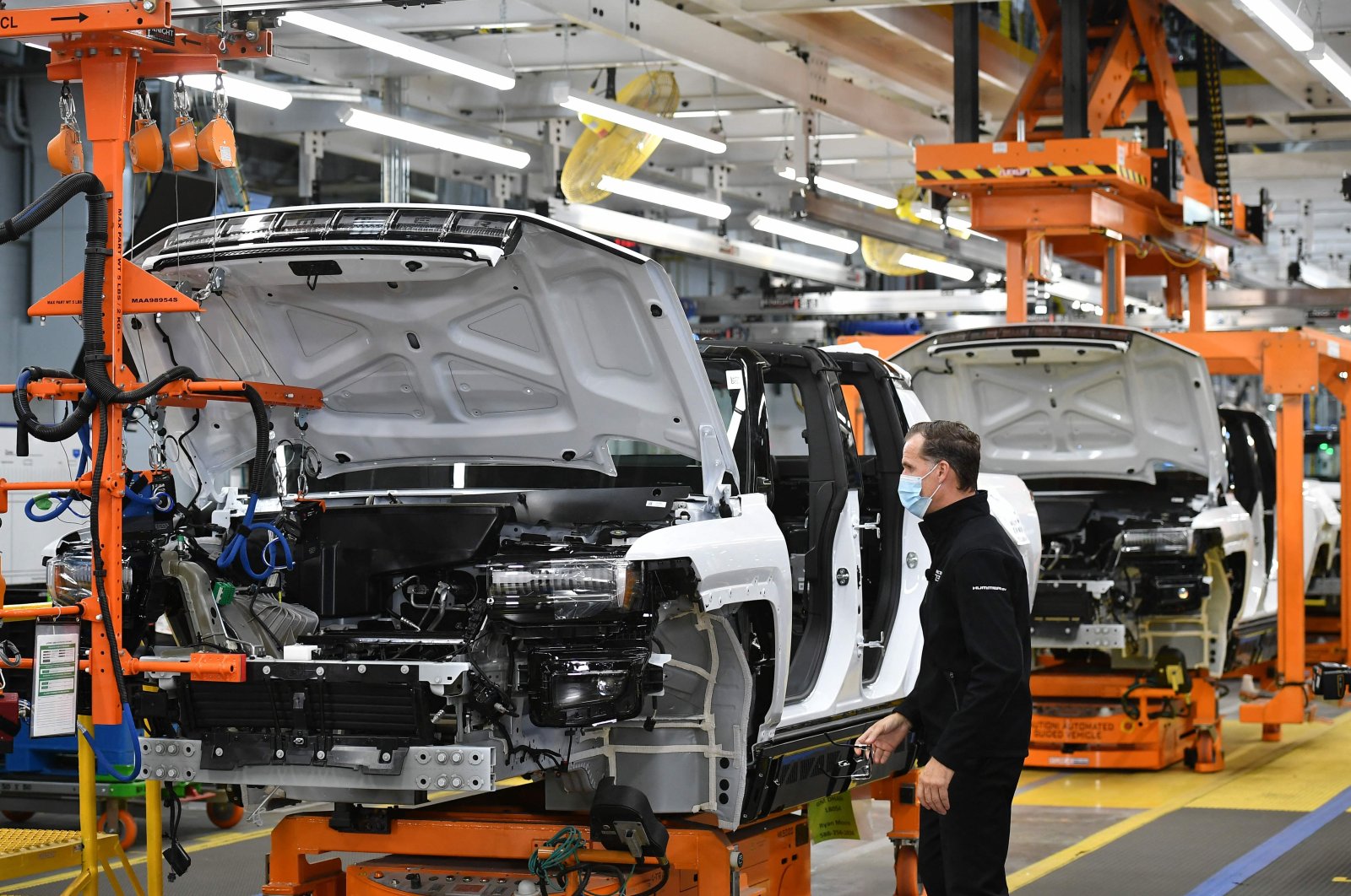 GMC Hummer EVs on an assembly line at the General Motors Factory ZERO electric vehicle assembly plant in Detroit, Michigan, U.S., Nov. 17, 2021. (AFP Photo)