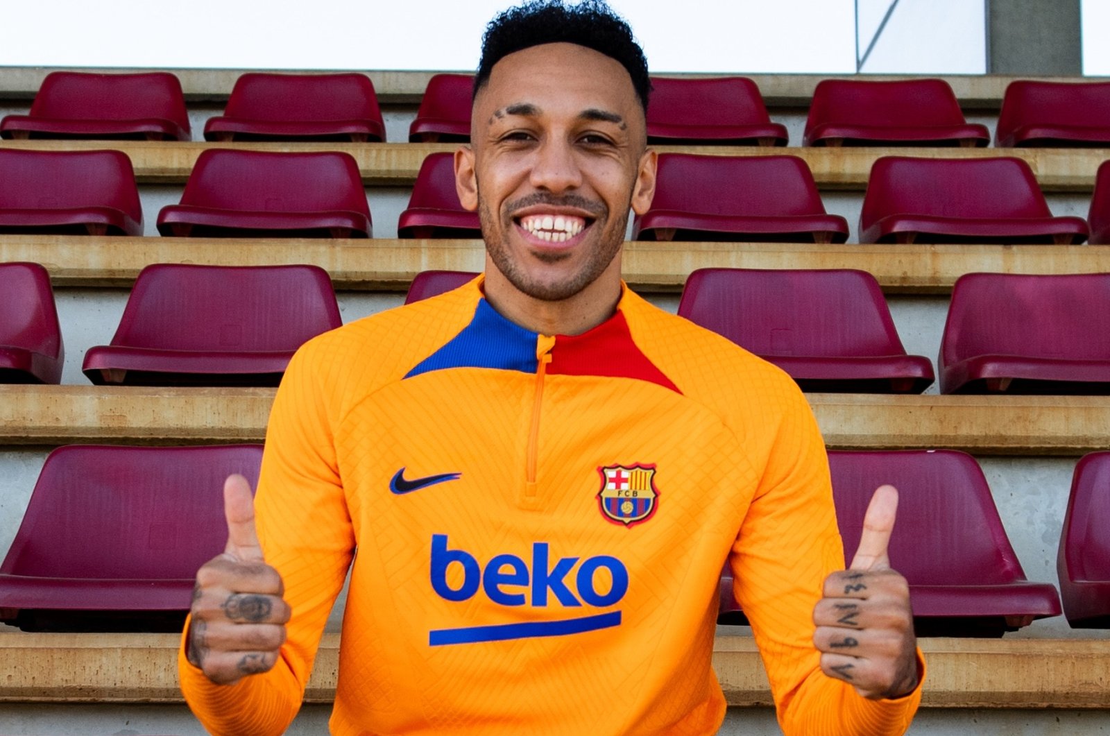 Pierre-Emerick Aubameyang poses in a Barcelona shirt, Barcelona, Spain, Feb. 2, 2022. (FC Barcelona on Twitter)