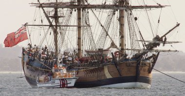 A replica of the ship the Endeavour is at anchor in Botany Bay, Sydney, Australia, April 17, 2005.  (AP Photo)