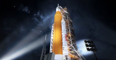 NASA's new rocket, the Space Launch System (SLS), in its Block 1 crew vehicle configuration that will send astronauts to the Moon on the Artemis missions, Aug. 19, 2014. (NASA via AFP)