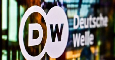 The logo of German broadcaster &quot;Deutsche Welle&quot; on a laptop screen in Moscow, Russia, Feb. 3, 2022. (AFP Photo)