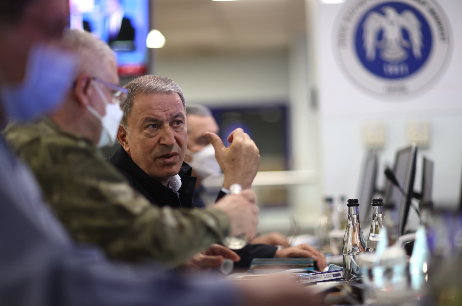 Defense Minister Hulusi Akar monitors the operation at the operations center of the Air Forces Command, Ankara, Turkey, Feb.1, 2022. (AA Photo)