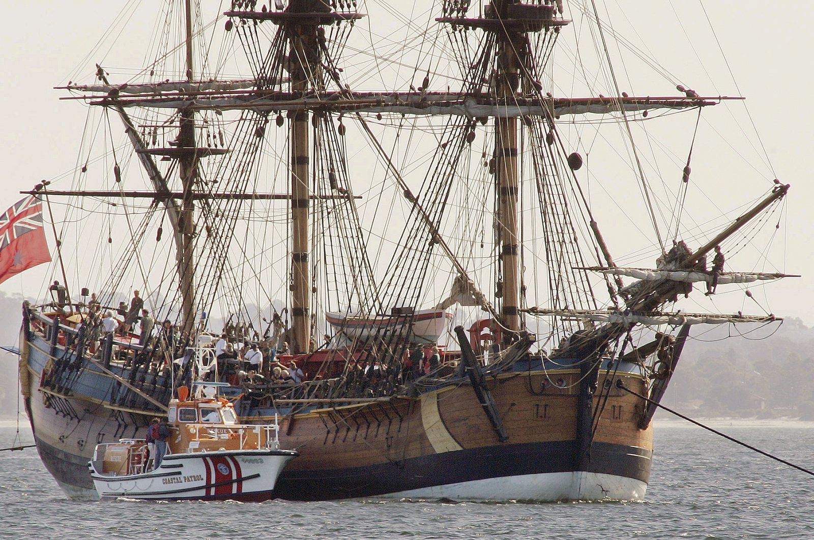 A replica of the ship the Endeavour is at anchor in Botany Bay, Sydney, Australia, April 17, 2005.  (AP Photo)