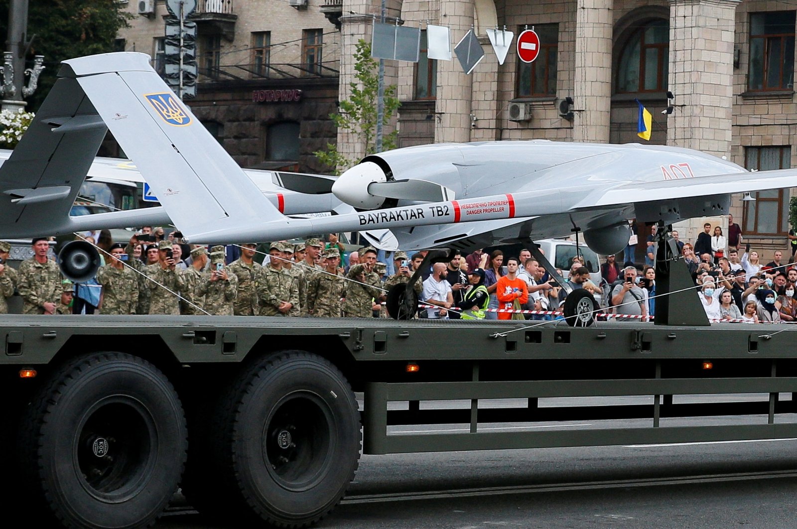 A Bayraktar drone seen during a rehearsal for the Independence Day military parade in central Kyiv, Ukraine Aug. 18, 2021. (Reuters File Photo)