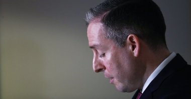 First Minister of Northern Ireland Paul Givan speaks to the media at the Crowne Plaza Hotel, in Belfast, Northern Ireland, Feb. 3, 2022, (PA via AP)