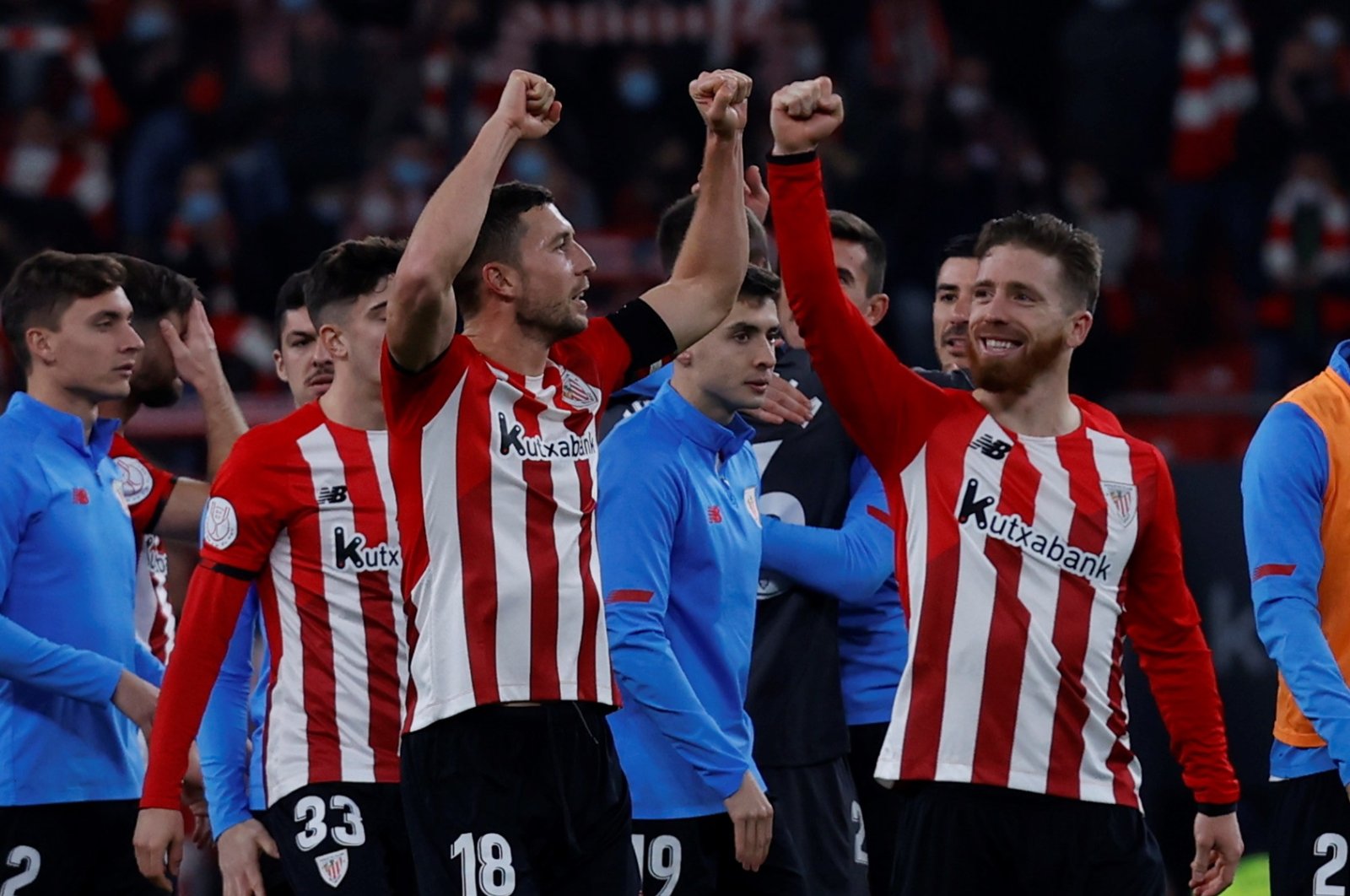 Athletic Bilbao players celebrate their victory against Real Madrid in Copa del Rey quarterfinal, Bilbao, Spain, Feb. 3, 2022. (EPA Photo)