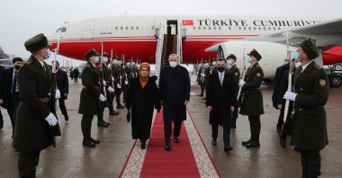 President Recep Tayyip Erdoğan and first lady Emine Erdoğan are seen during the welcoming ceremony at the Ukrainian capital Kyiv, where they visited as part of an official visit, Feb. 3, 2022. (AA Photo)