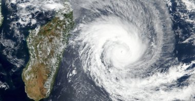 A handout satellite image made available by the National Aeronautics and Space Administration (NASA) shows Cyclone Batsirai, Feb. 2, 2022. (EPA-EFE/NASA EARTH OBSERVATORY HANDOUT)