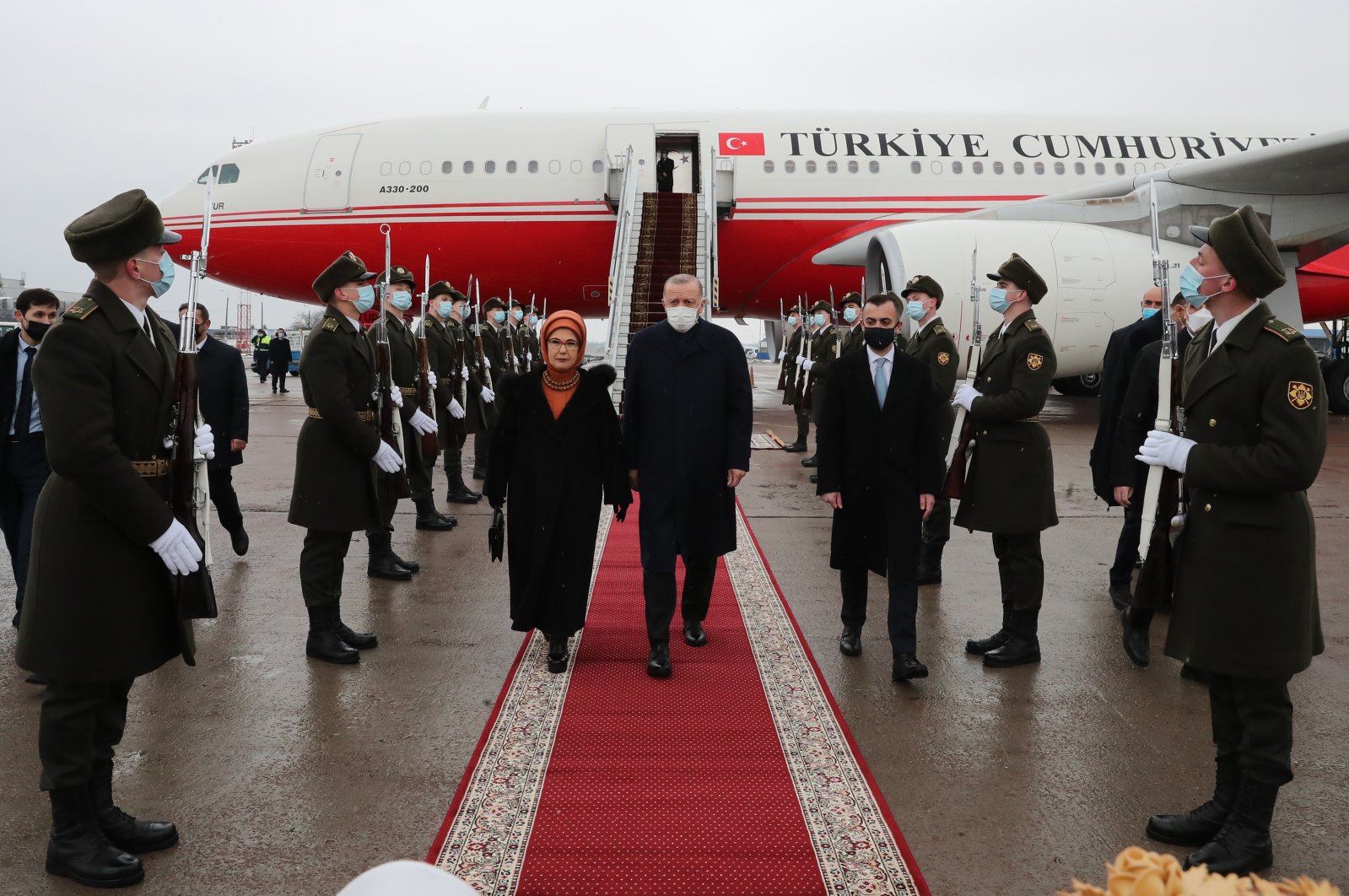 President Recep Tayyip Erdoğan and first lady Emine Erdoğan are seen during the welcoming ceremony at the Ukrainian capital Kyiv, where they visited as part of an official visit, Feb. 3, 2022. (AA Photo)