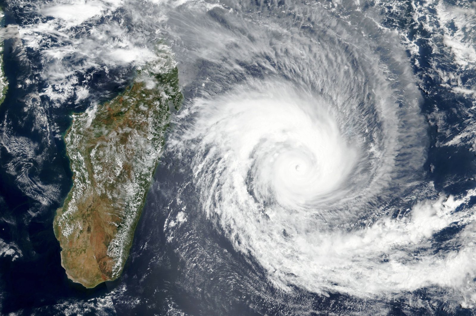 A handout satellite image made available by the National Aeronautics and Space Administration (NASA) shows Cyclone Batsirai, Feb. 2, 2022. (EPA-EFE/NASA EARTH OBSERVATORY HANDOUT)