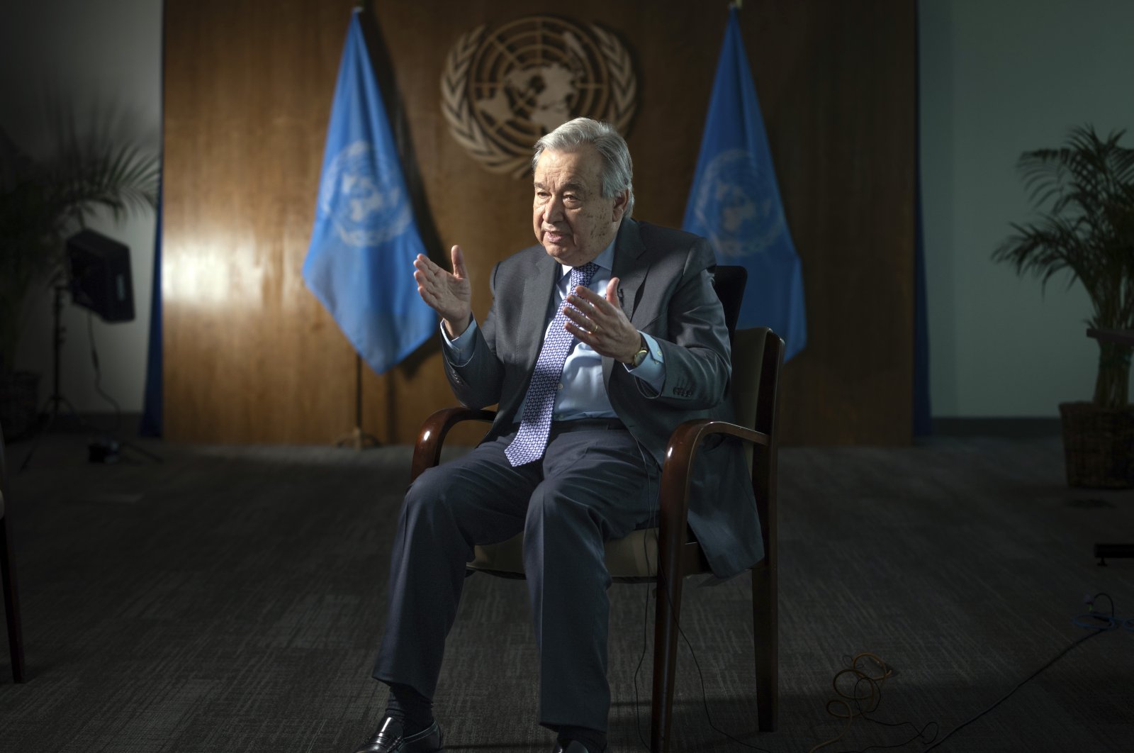 United Nations Secretary-General Antonio Guterres speaks during interview at the United Nations Headquarters, in New York, U.S., Jan. 20, 2022. (AP Photo)