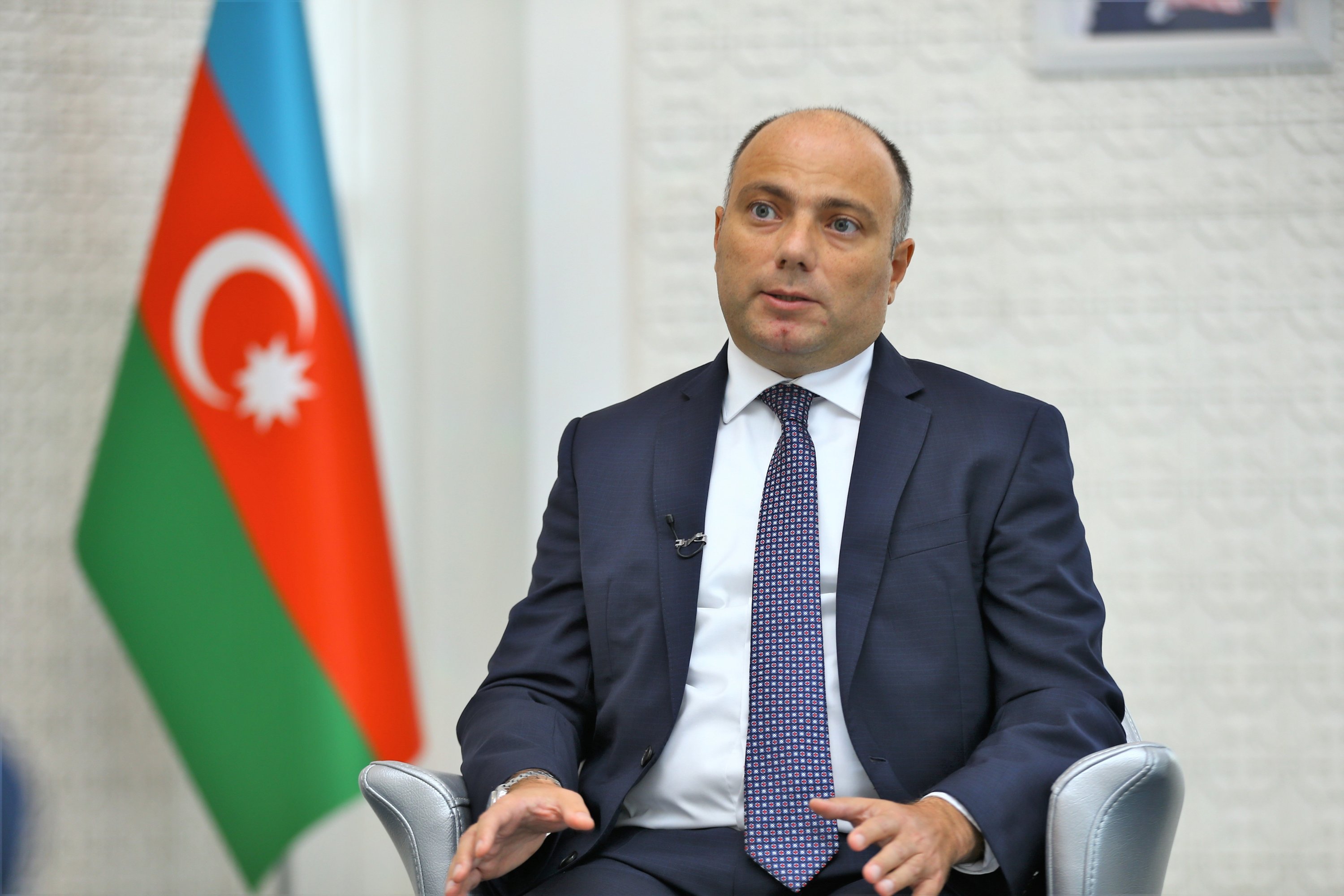 Azerbaijani Culture Minister Anar Karimov speaks during an interview, Bakü, Azerbaijan, Oct. 15, 2021. (AA)