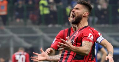 AC Milan's Olivier Giroud celebrates after scoring in Serie A match against Inter, Milan, Italy, Feb. 5, 2022. (EPA Photo)