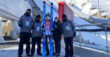 Turkish ski jumper Fatih Arda İpcioğlu (C) at the Beijing 2022 Winter Games, Zhangjiakou, China, Feb. 5, 2022. (IHA Photo)