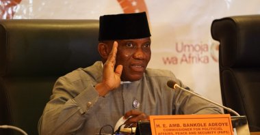 Bankole Adeoye, commissioner for political affairs, peace and security, gives a presser in the Africa Union headquarters in Addis Ababa, Ethiopia, Feb. 6, 2021. (AFP Photo)