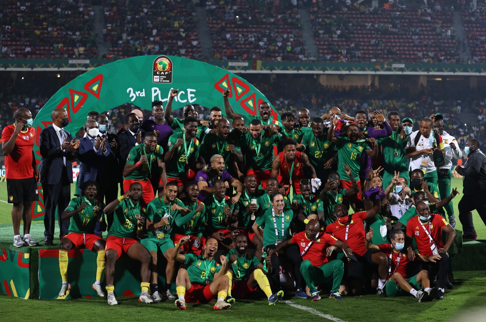 Cameroon players celebrate winning third place in AFCON after victory over Burkina Faso, Yaounde, Cameroon, Feb. 5, 2022. (AFP Photo)