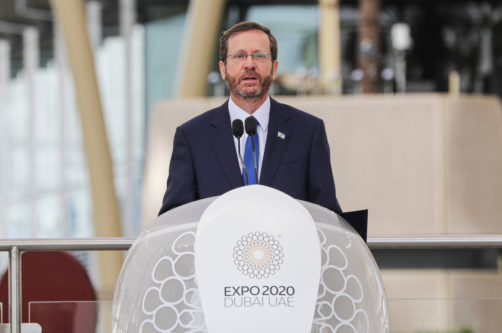 Israeli President Isaac Herzog delivers a speech at Al Wasl Dome during the EXPO 2020 Dubai in Dubai, United Arab Emirates, Jan. 31, 2022. (EPA File Photo)