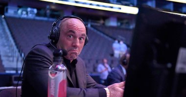 Joe Rogan reacts during UFC 249 at VyStar Veterans Memorial Arena in Jacksonville, Florida, U.S., May 9, 2020. (AFP Photo)