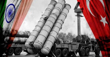 A photo edited by Büşra Öztürk shows the Russian S-400 air defense system with the flags of Turkey and India seen on the right and left corners.