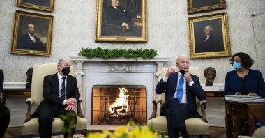 U.S. President Joe Biden meets with German Chancellor Olaf Scholz in the Oval Office at the White House, Washington, D.C., U.S., Feb. 7, 2022. (EPA Photo)