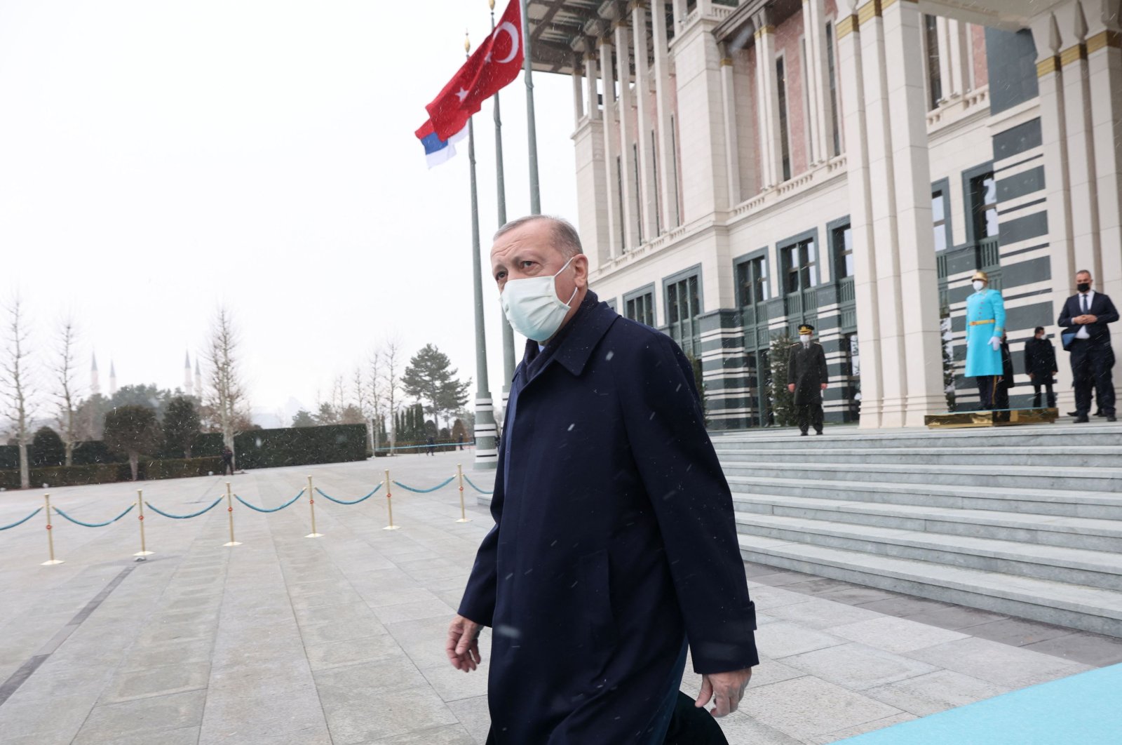 This photo taken on January 18, 2022 shows President Recep Tayyip Erdoğan at the courtyard to welcome the Serbian President at the presidential residence in Ankara. (AFP Photo)