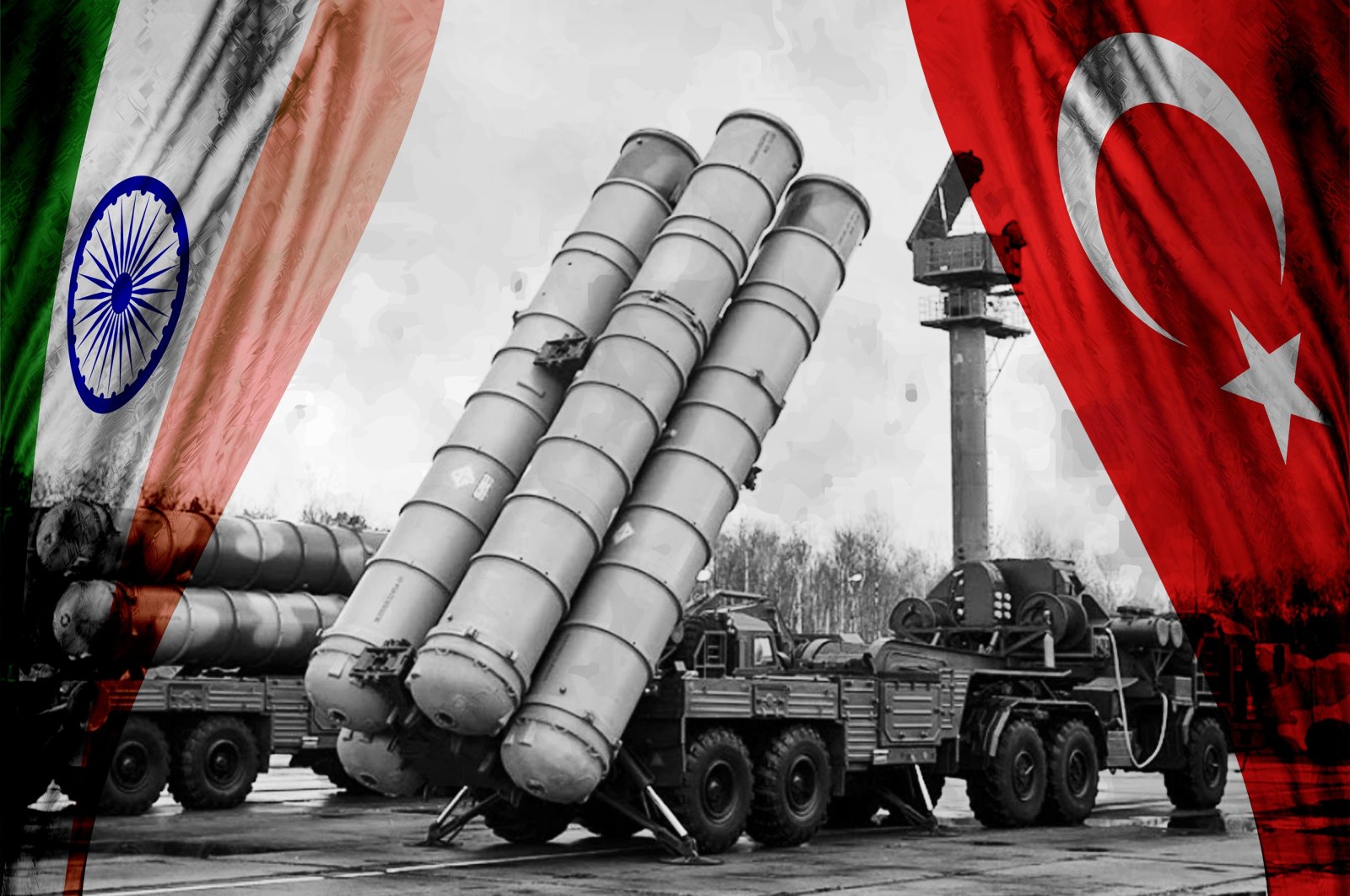 A photo edited by Büşra Öztürk shows the Russian S-400 air defense system with the flags of Turkey and India seen on the right and left corners.