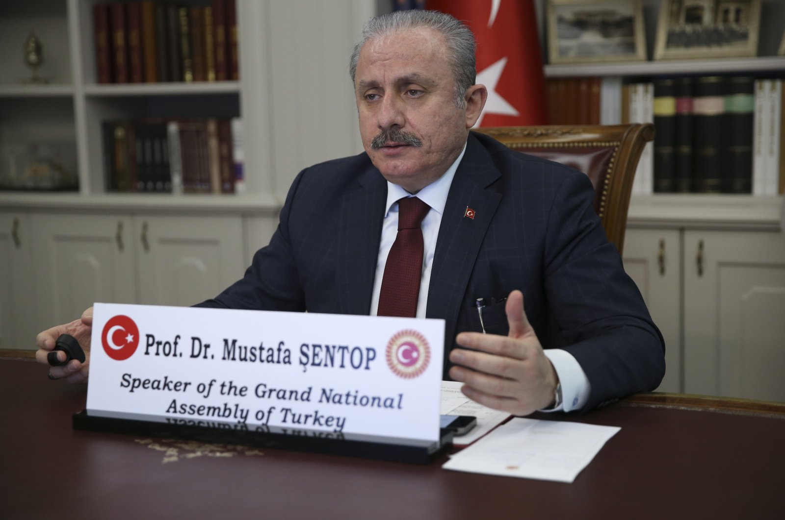 Parliament Speaker Mustafa Şentop during the 7th MIKTA Parliamentary Speakers&#039; Meeting held virtually, Ankara, Turkey, Feb. 7, 2022. (AA Photo)