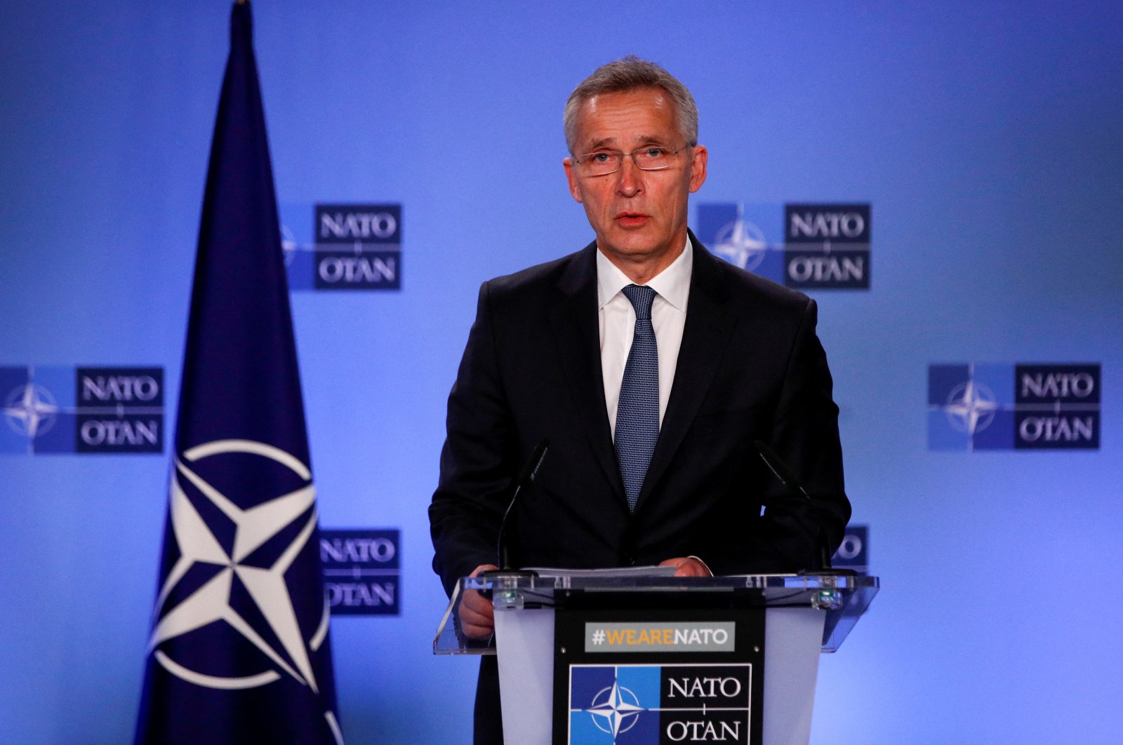 NATO Secretary-General Jens Stoltenberg attends a joint news conference with North Macedonian Prime Minister Dimitar Kovacevski (not shown) in Brussels, Belgium, Feb. 3, 2022. (Reuters Photo)