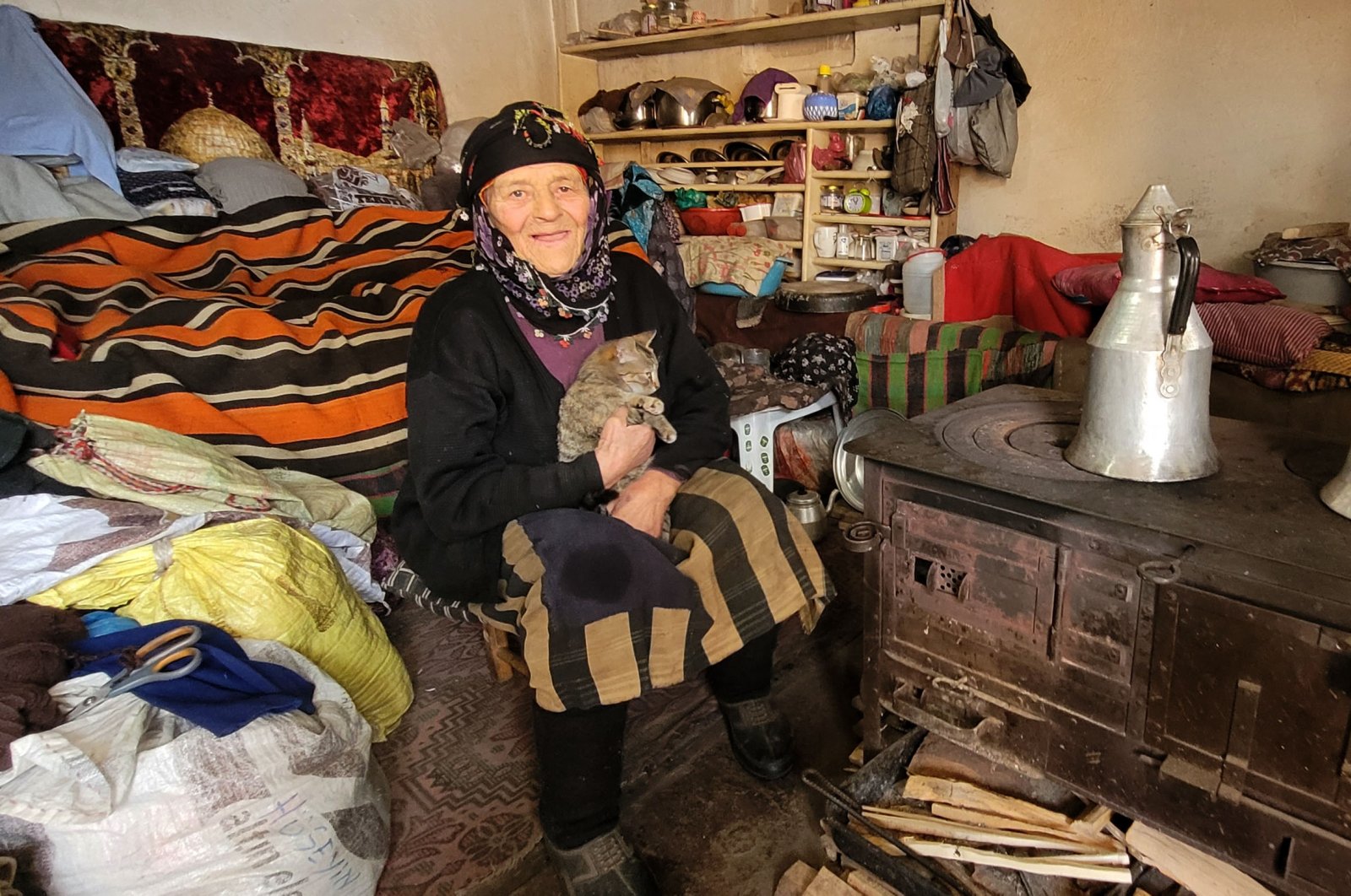 Fadime Kayacı, known locally as "Robinson Granny," is seen in her home located on the highlands of Trabzon, northern Turkey, Feb. 7, 2022. (DHA Photo)