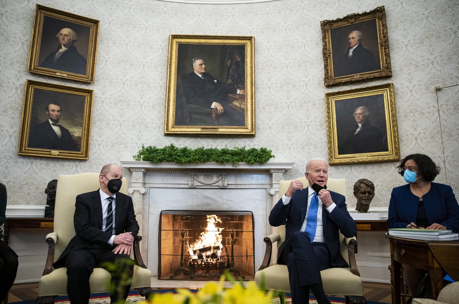 U.S. President Joe Biden meets with German Chancellor Olaf Scholz in the Oval Office at the White House, Washington, D.C., U.S., Feb. 7, 2022. (EPA Photo)