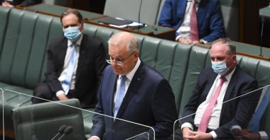 Australian Prime Minister Scott Morrison speaks to a statement of acknowledgment of harassment in the workplace of Commonwealth Parliament by the Speaker in the House of Representatives at Parliament House in Canberra, Australia, Feb. 8, 2022. (EPA PHOTO)