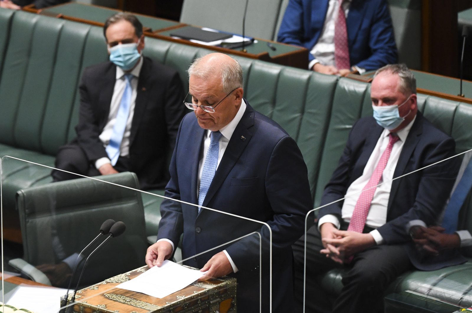 Australian Prime Minister Scott Morrison speaks to a statement of acknowledgment of harassment in the workplace of Commonwealth Parliament by the Speaker in the House of Representatives at Parliament House in Canberra, Australia, Feb. 8, 2022. (EPA PHOTO)