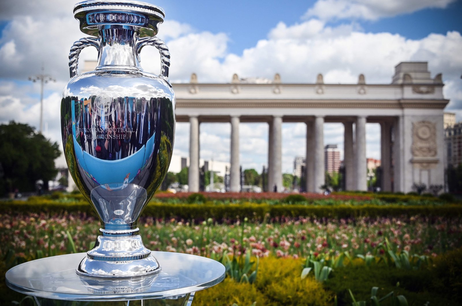 The UEFA European Championship trophy is pictured during a presentation, Moscow, Russia, May 24, 2021. (AFP Photo)