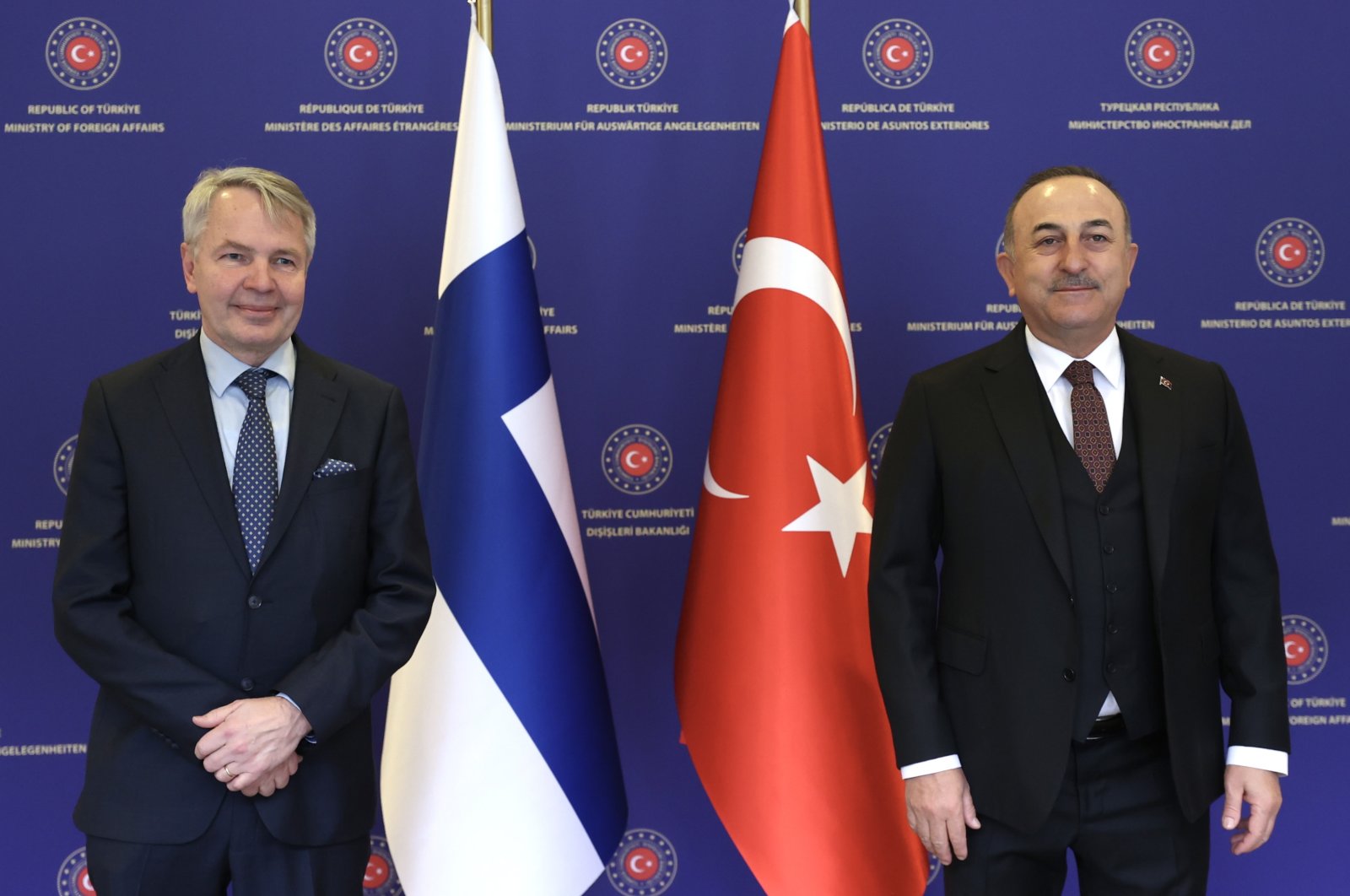 Foreign Minister Mevlüt Çavuşoğlu (R) and Finland&#039;s Foreign Minister Pekka Haavisto (L) pose for a photo during their meeting in Ankara, Turkey, Feb. 8, 2022. (EPA Photo)