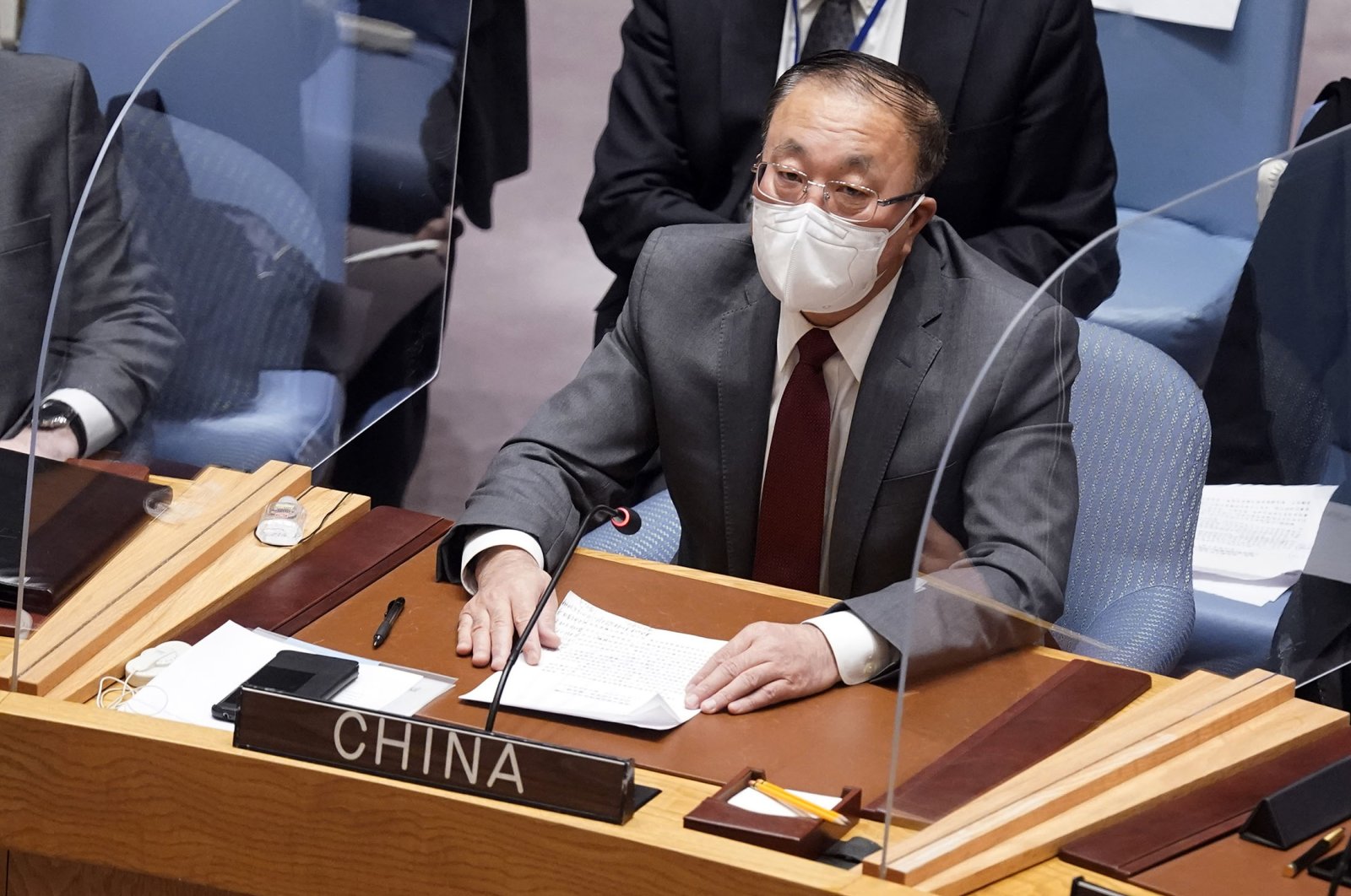 China&#039;s United Nations Ambassador Zhang Jun addresses the U.N. Security Council, New York, U.S., Jan. 31, 2022. (AP Photo)