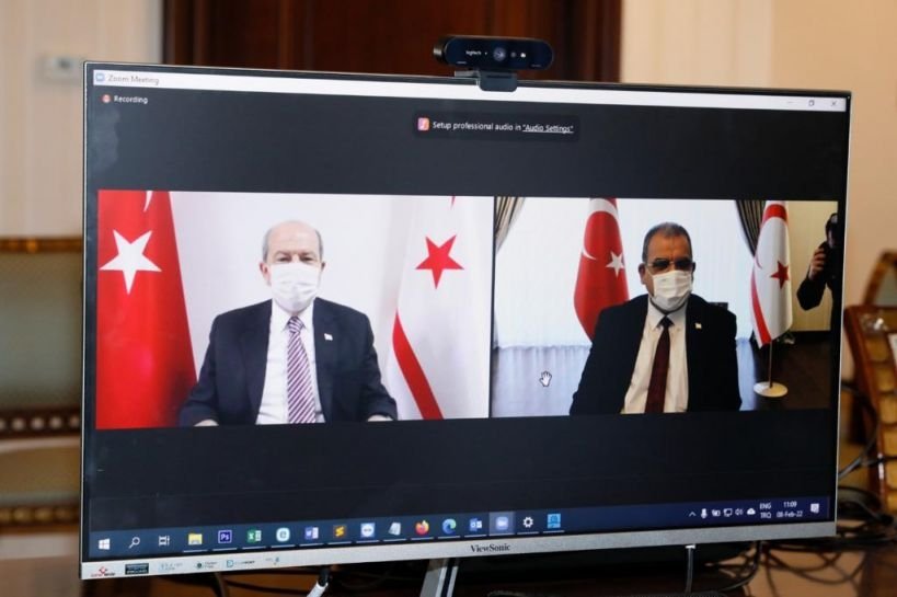 President Ersin Tatar (L) and Prime Minister Faiz Sucuoğlu of the Turkish Republic of Northern Cyprus (TRNC) hold a videoconference in Lefkoşa (Nicosia), TRNC, Feb. 8, 2022. (AA Photo)