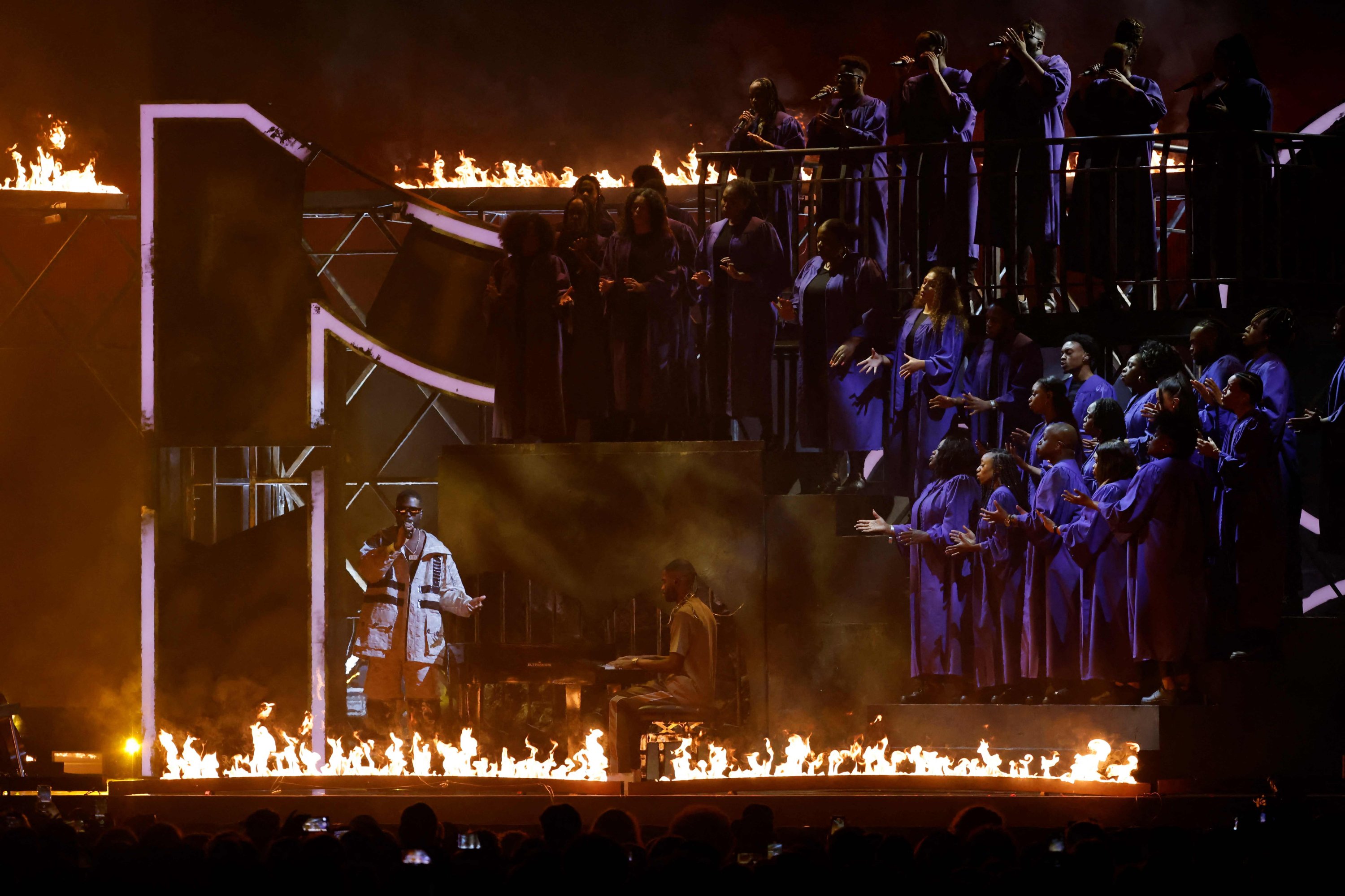 British rapper David Orobosa Omoregie aka Dave performs during the BRIT Awards 2022 ceremony and live show in London, Britain, Feb. 8, 2022. (AFP)