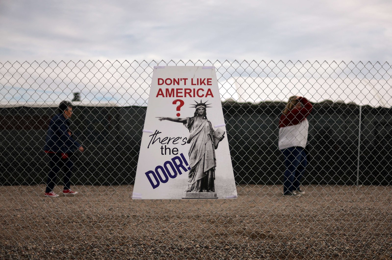 A sign is displayed before a rally by former President Donald Trump at the Canyon Moon Ranch festival grounds in Florence, Arizona, on Jan. 15, 2022. (AFP Photo)