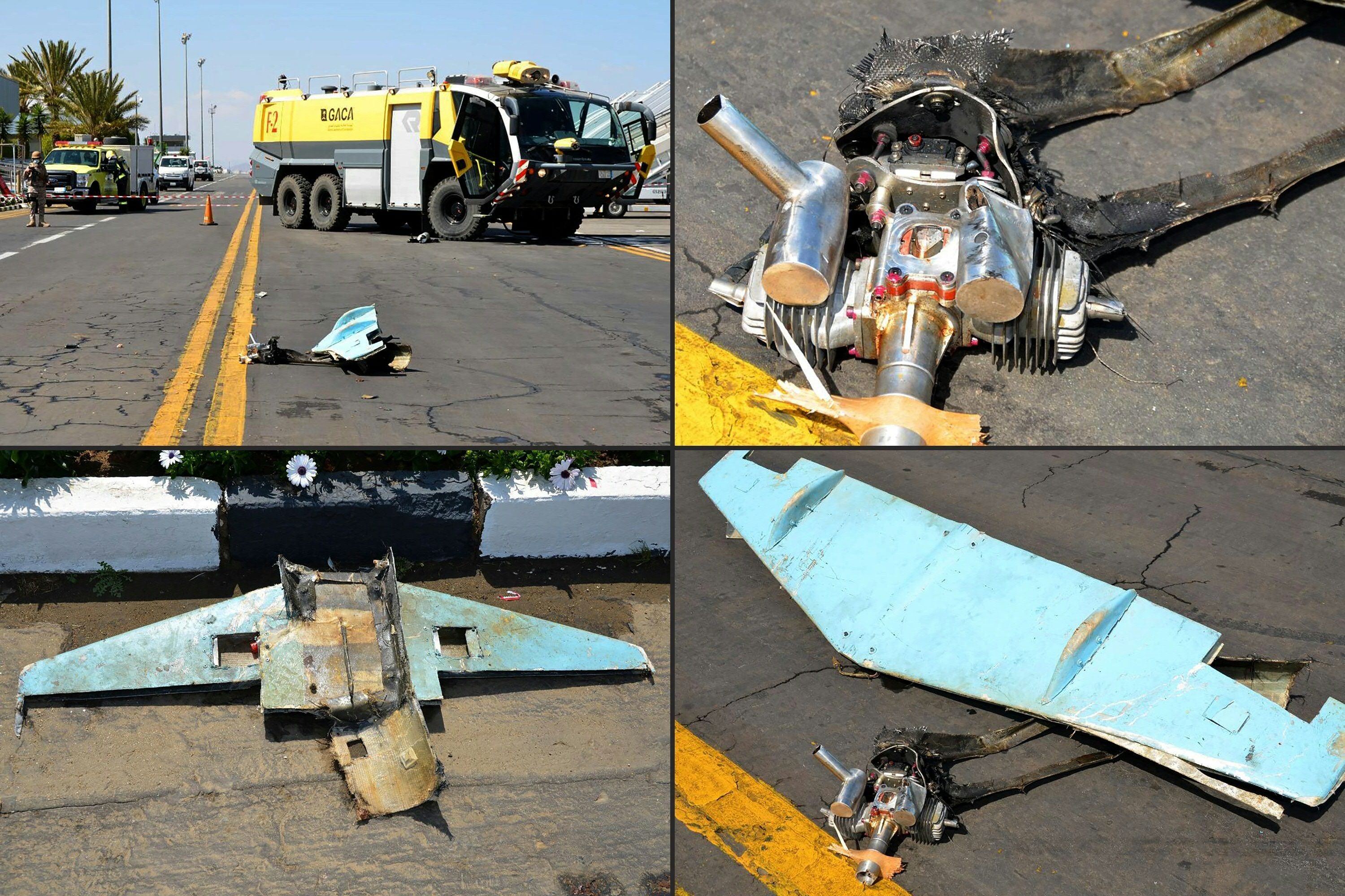This combination of file pictures provided by Saudi Arabia's Ministry of Media on Feb. 10, 2021 reportedly shows the wreckage of an unmanned aerial vehicle (UAV or drone) that was used in a Houthi rebels attack on Abha International Airport in Saudi Arabia's southern Asir province last year. (Saudi Ministry of Media / AFP Photo)