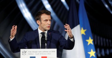 French President Emmanuel Macron delivers a speech at the main production site of GE Steam Power System, where he unveiled plans to build new nuclear reactors in the country as part of its energy strategy to reduce planet-warming emissions, in Belfort, France, Feb. 10, 2022. (Reuters Photo)