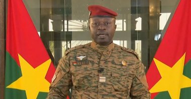 The leader of Burkina Faso&#039;s new military junta Paul-Henri Sandaogo Damiba speaks during a televised address, three days after the overthrow of Burkina Faso&#039;s president, Jan. 27, 2022. (Radiodiffusion Télévision du Burkina / AFP File Photo) 
