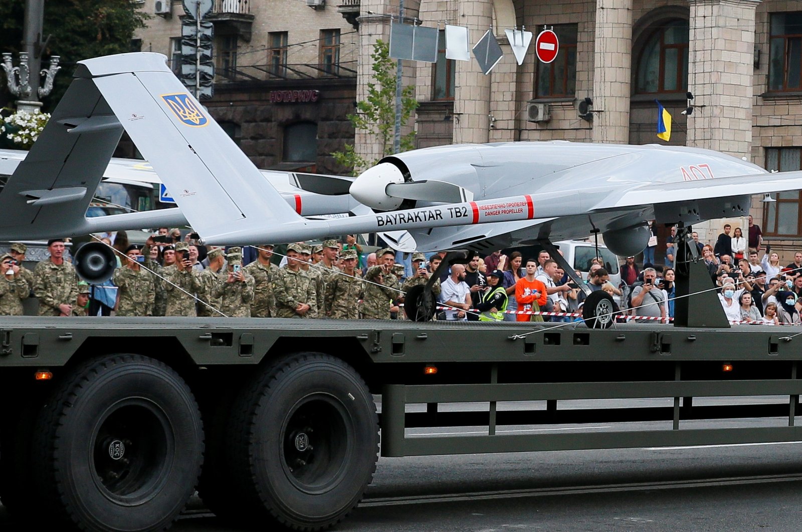 A Bayraktar drone is seen during a rehearsal for the Independence Day military parade in central Kyiv, Ukraine Aug.18, 2021. (Reuters File Photo)